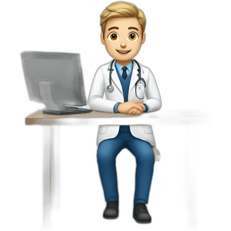 european young doctor using the computer and sitting behind the table emoji