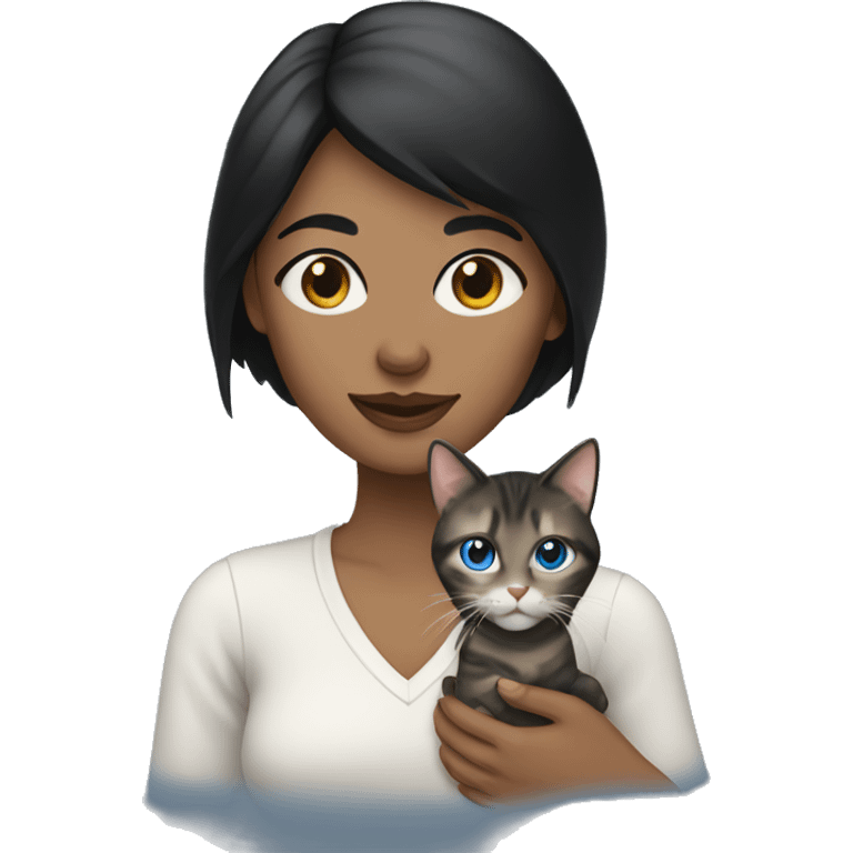 woman with black hair and blue eyes holding a tabby cat emoji