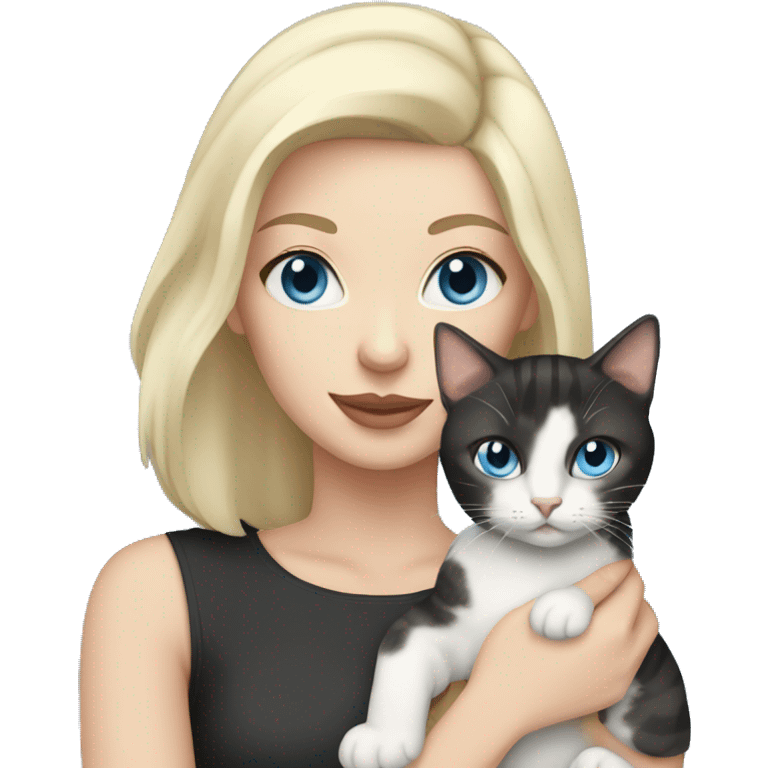 Pale woman with black hair and blue eyes holding a tabby cat emoji