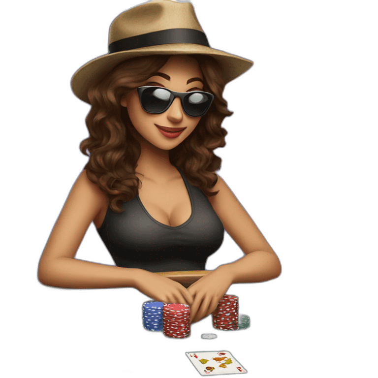 female with dark sunglasses brown wavy hair playing poker with a poker dealer hat emoji