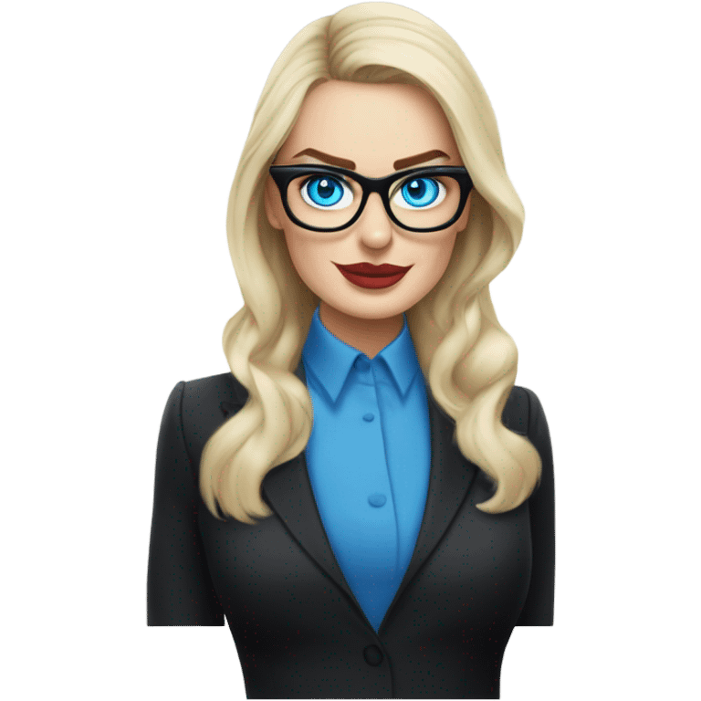 Real margot robbie secretary,  bright blue eyes, wearing black glasses  emoji