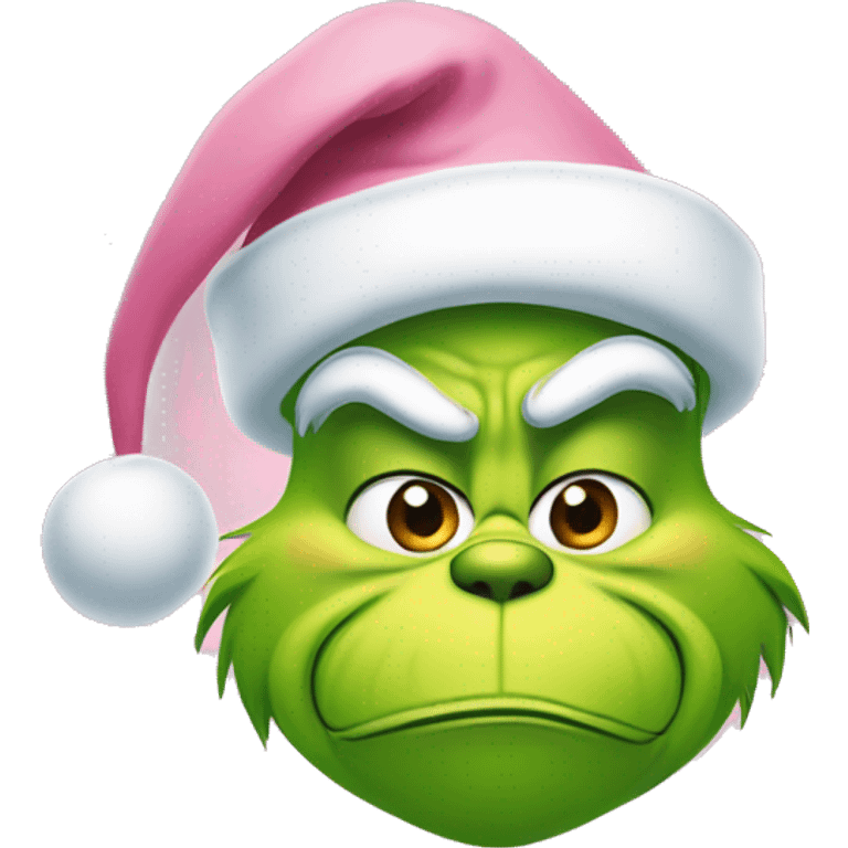 grinch face with a smirk wearing a light pink santa hat emoji