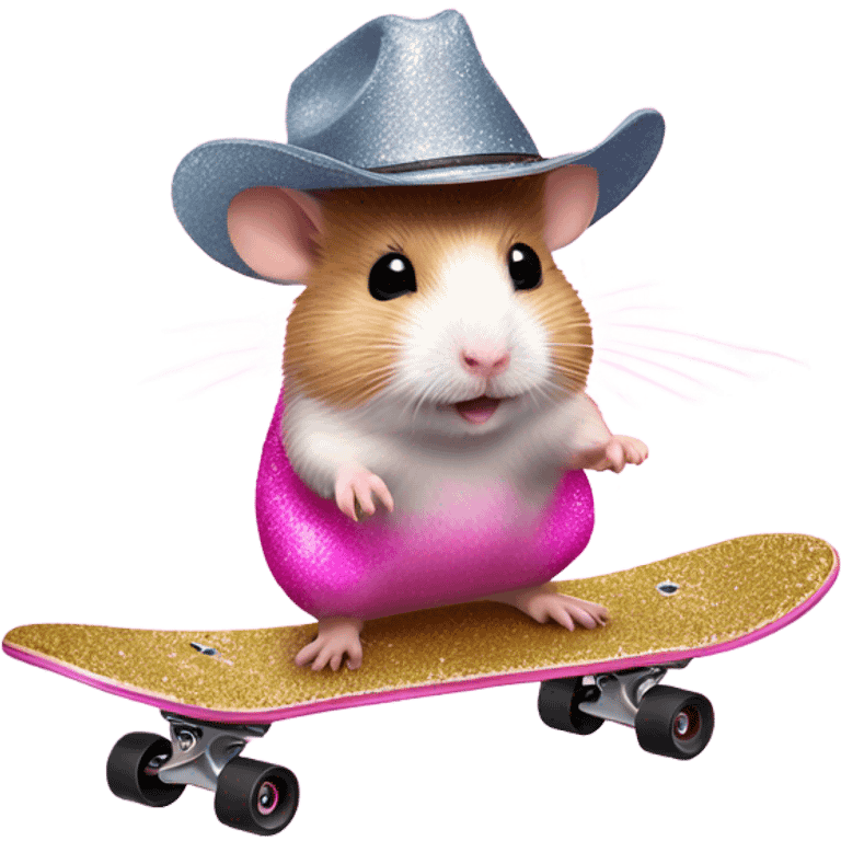 Pink ombre hamster riding a skateboard with glitter and cowboy hat emoji