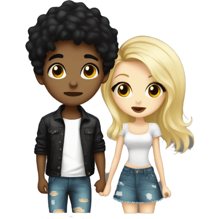 Fashion boy with black hair tatto on face kiss blonde cute girl emoji