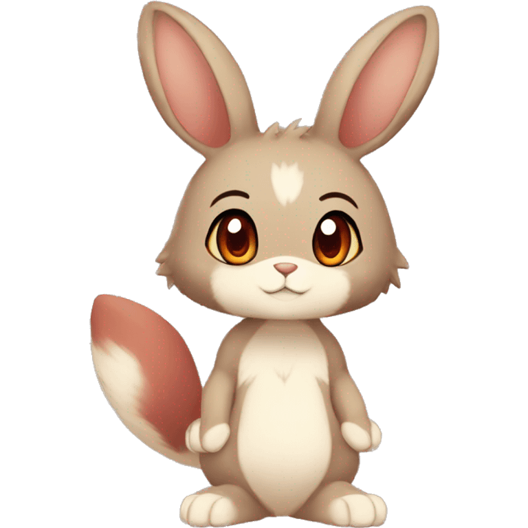 Cute, Chibi, Kemono-style, Anthro, Fur-Sona, Dark-Brown, Normal-type-Ground-type Tan-Rabbit-Fakémon with Dark-Red eyes, beige belly, beige paws, beige feet, beige freckles, full body emoji