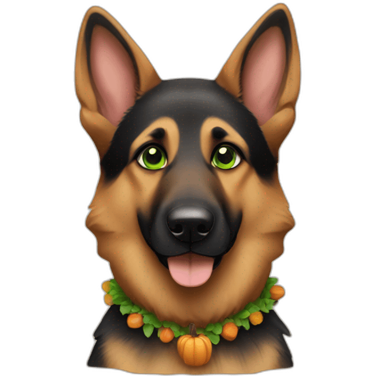 A cute german shepherd with green eyes dressed for thanksgiving emoji