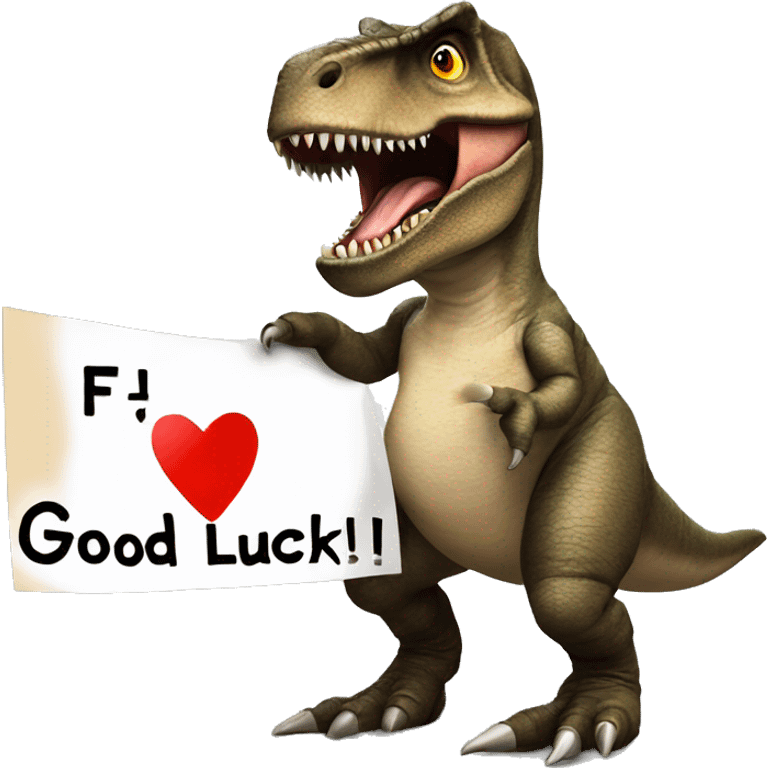 T-Rex holding a sign stating, "F Andrew, good luck" emoji