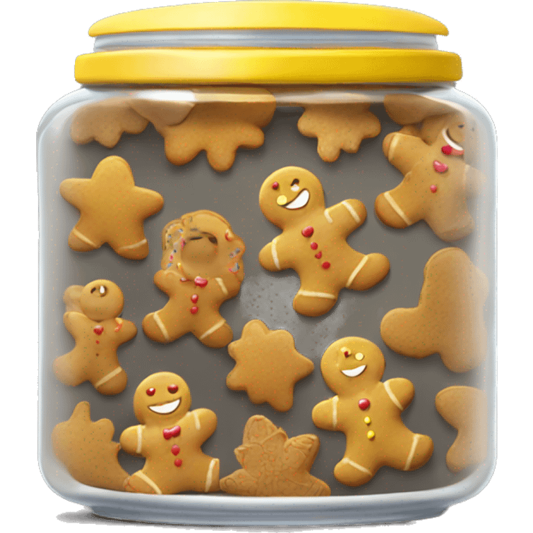 Realistic glass cookie jar yellow lid full of gingerbread cookies isolated.  emoji