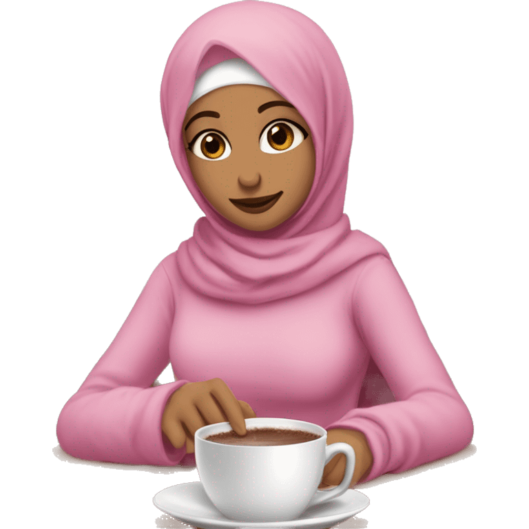 Hijabi , white , brown eyes , girl wearing pink glofs and pink hodie with pink skarf and handing a cup of hot chocolate having on it 🎀 emoji