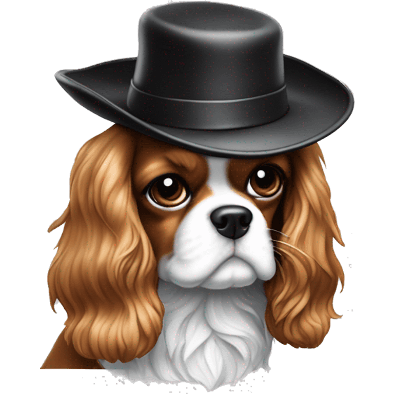 Cavalier King Charles noir et blanc qui sourit avec un chapeau annees 80 emoji