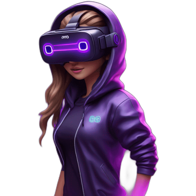 Create a 3D model of a Russian girl wearing a black "OMG" hoodie and VR headset in a cyberpunk VR environment with violet neon lighting. emoji