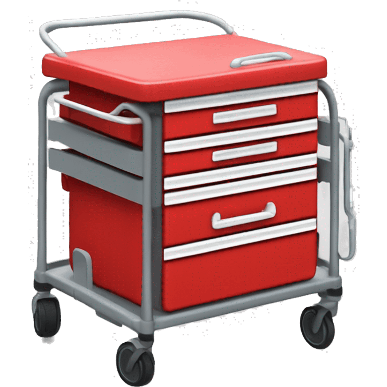 Singular Red medical crash cart is a mobile, multi-drawer unit designed to store and organize emergency medical supplies and equipment and a cardiac defibrillator on top emoji