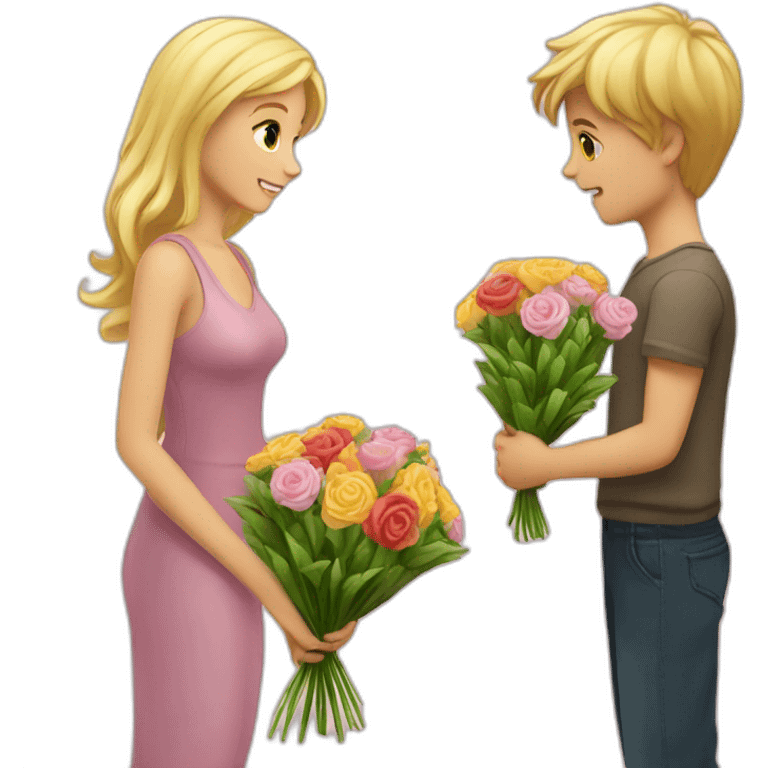 A boy who offers a bouquet of flowers to a pretty blonde emoji