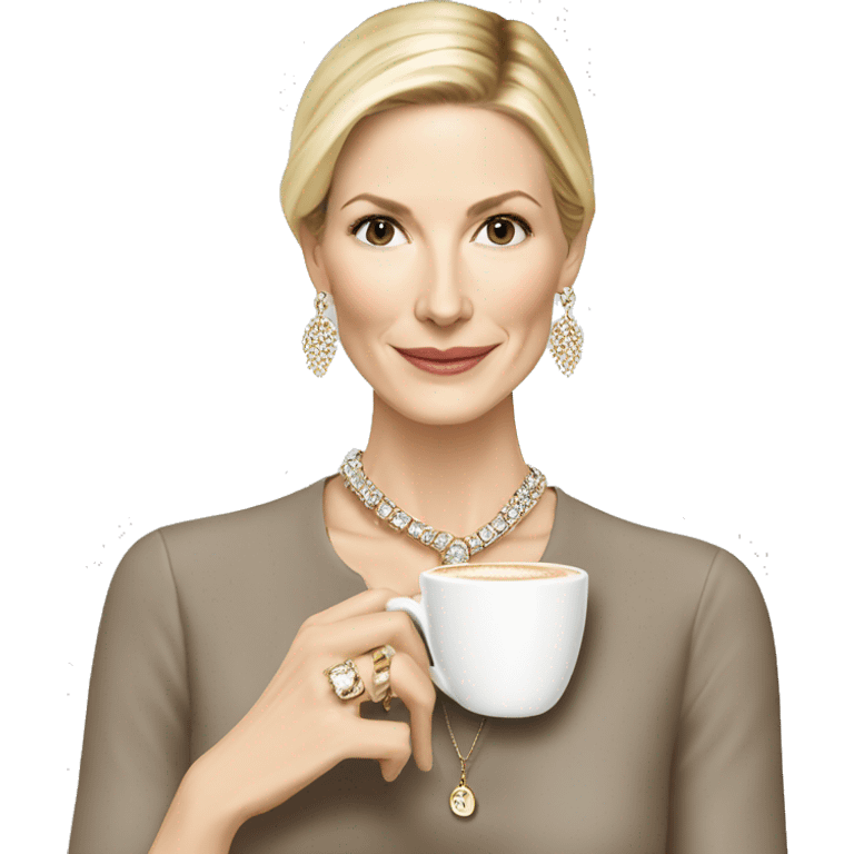 Kelly Rutherford with jewellery wearing white drinking cappucino emoji