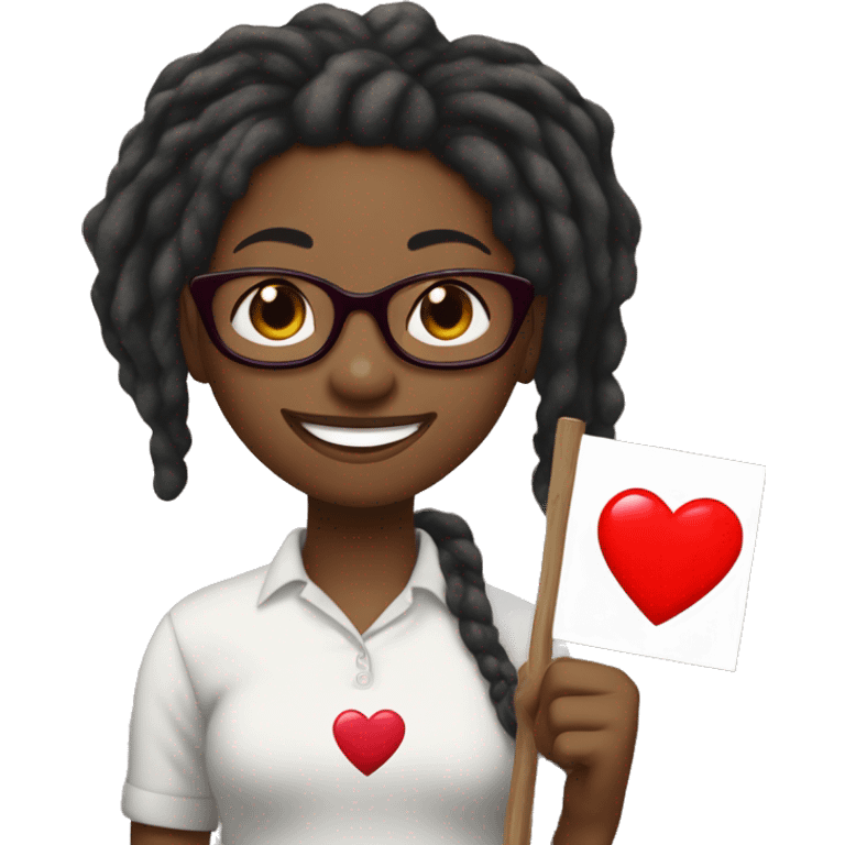 Black girl with red medium length dreadlocks holding a sign that says “Flanagan” with a red heart on the sign underneath the word, the girl is also smiling and is wearing glasses  emoji