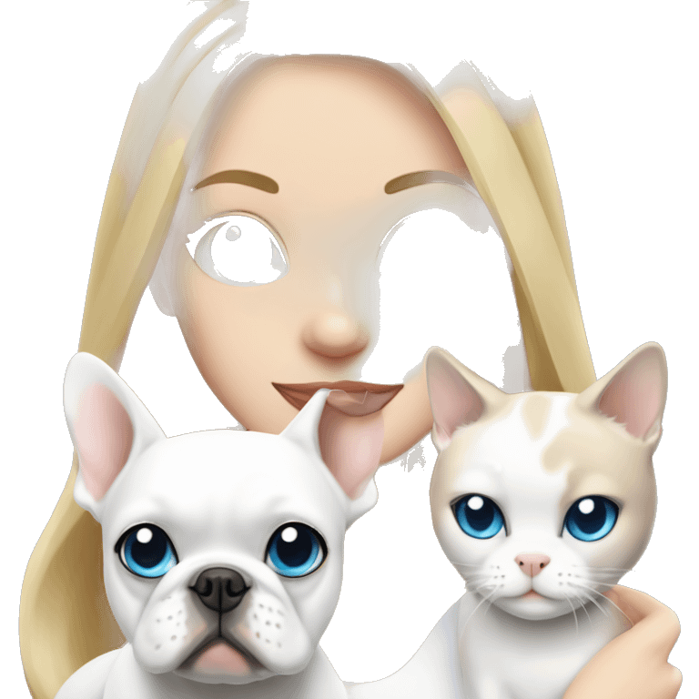 Blonde girl with blue eyes holds White French bulldog and a white cat sitting together emoji