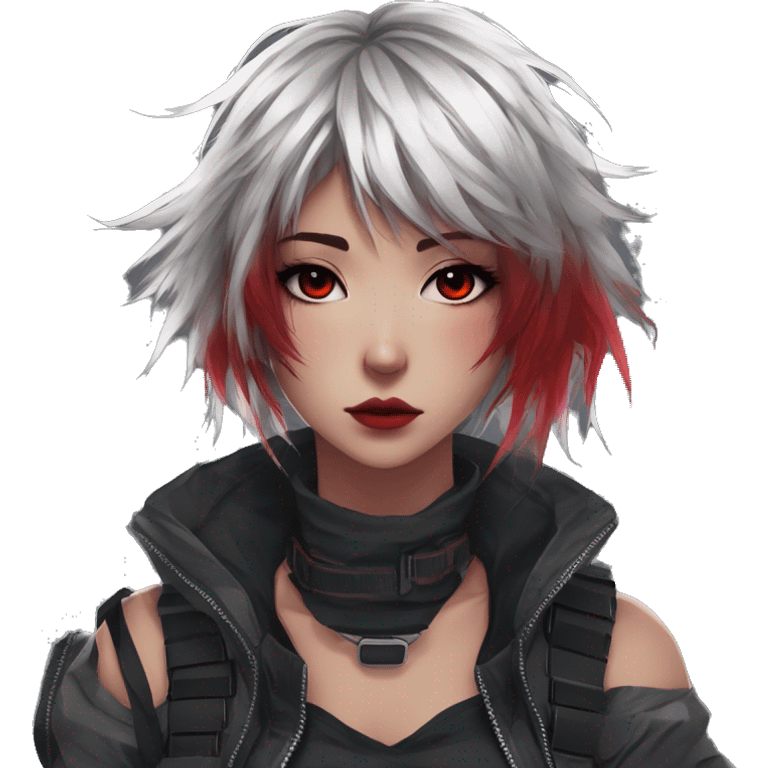 Gorgeous techwear anime style lady with blushing face aesthetic and pretty edgy black red punk messy hair with collar and harness trending style emoji