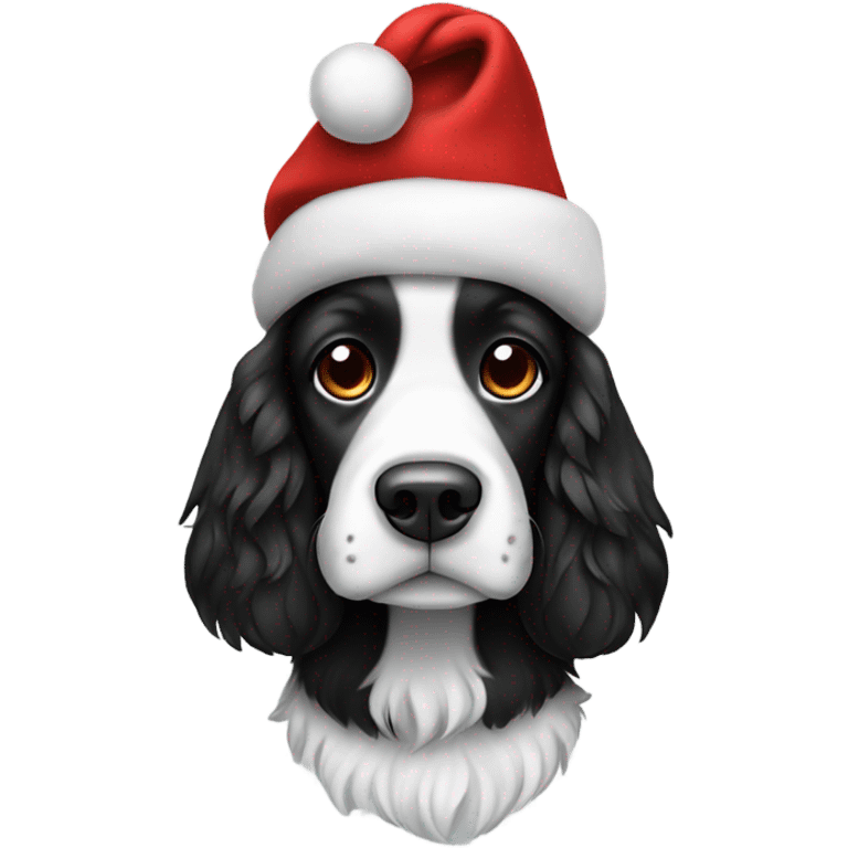 Black and white pringer spaniel wearing a Christmas hat emoji