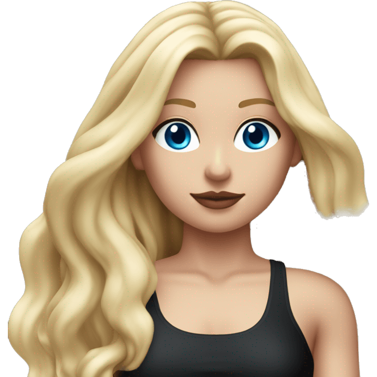 Woman with blue eyes, pink lips and long blonde straight hair. black swimsuit. black band with metal ring around neck emoji