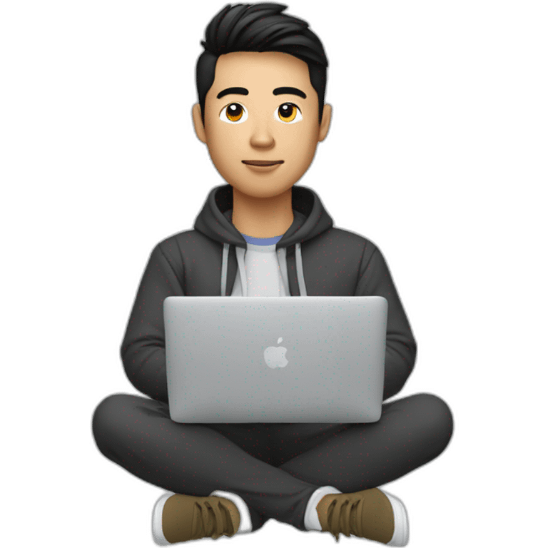 Millennial Asian man in athleisure coding on Macbook emoji