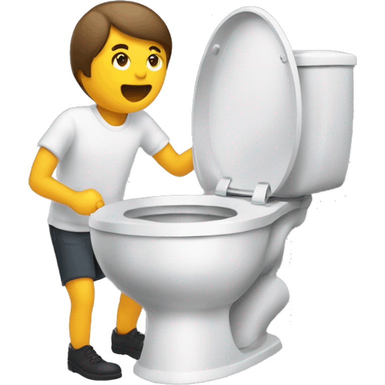 A person exiting a toilet with a chat bubble saying “skibidi!” emoji