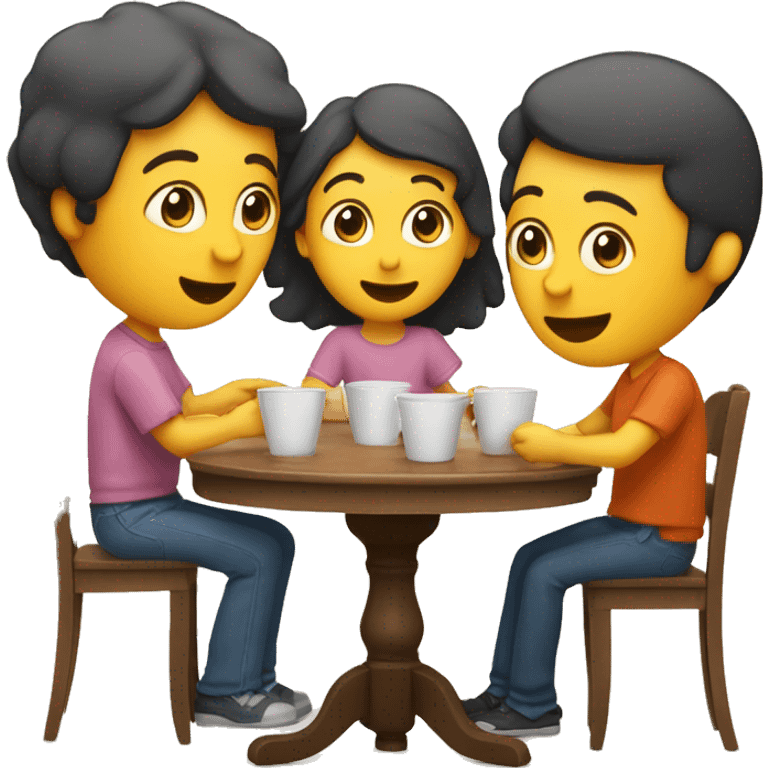 An emoji of a family—mother, father, and child—sitting at a table, playing a cup game with paper cups arranged on the table as they have fun together emoji