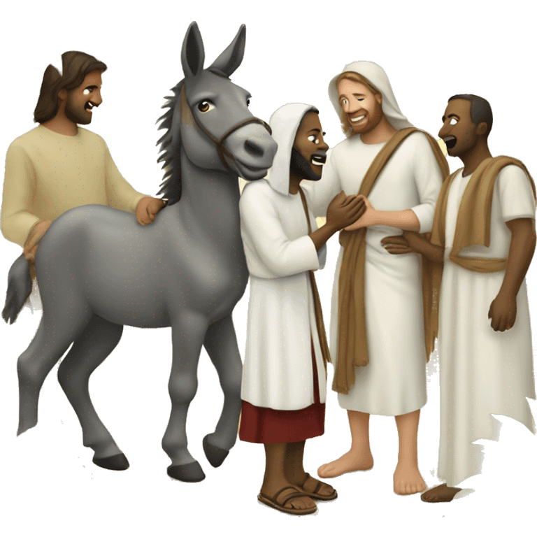 People greeting Jesus on a donkey with palm trees  emoji