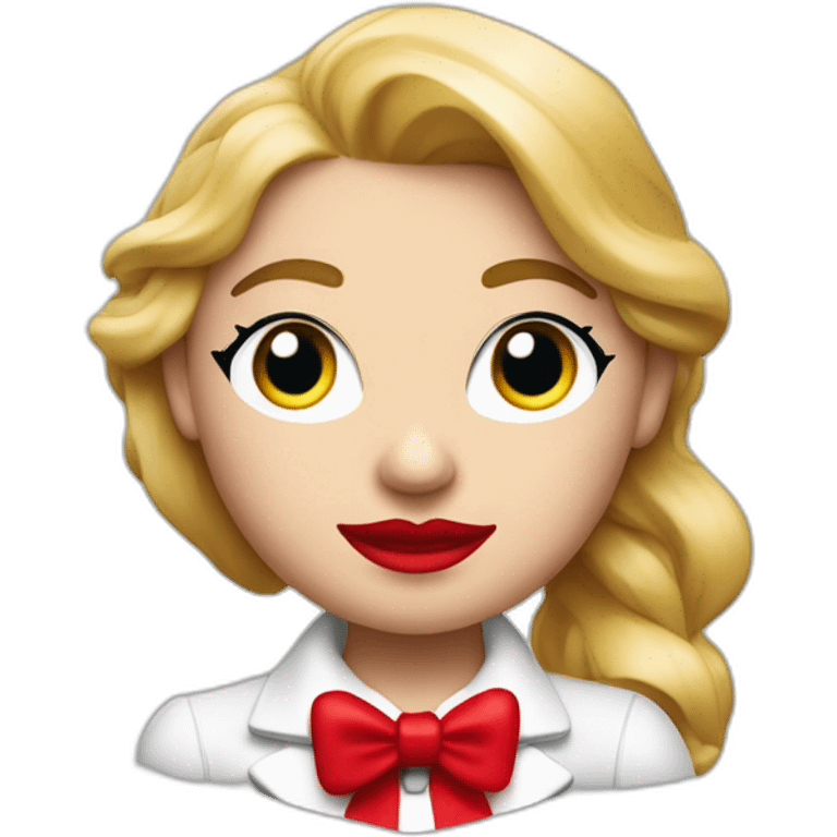 una cabeza de una chica rubia con el pelo largo apoyada sobre sus brazos con blusa de manga larga de color rojo al estilo de mr. monopoly emoji