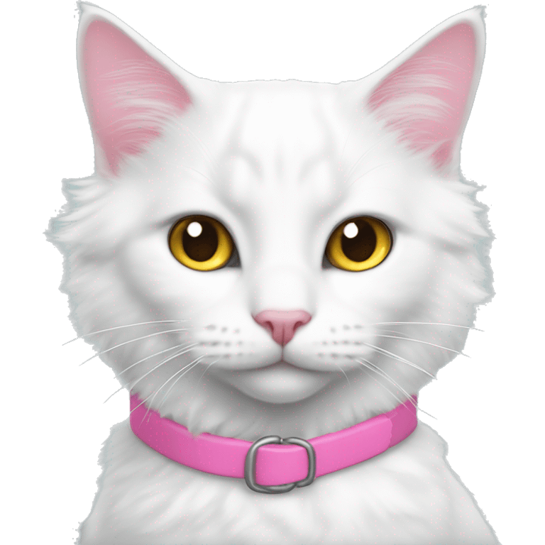 white turkish angora cat with different color eyes and a pink collar  emoji