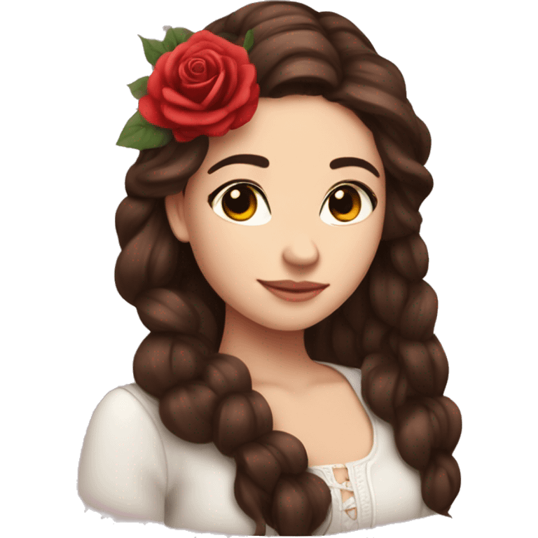 Beautiful, rose, red, flowers in hair, long dark brown hair, white fair skin emoji