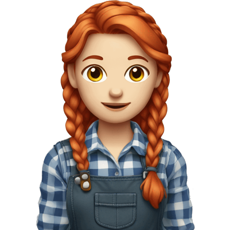 Farmer girl, red hair with braid, and plaid shirt and overalls  emoji