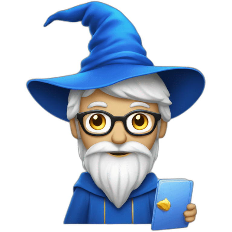 wizard Merlin with a laptop and blue hat emoji