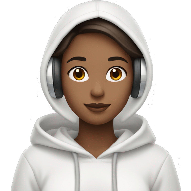 Dark brown hair, girl wearing a white hoodie and airpod max  emoji