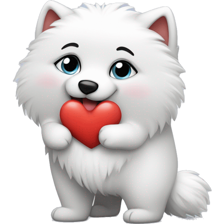 American Eskimo holding a big cute heart emoji