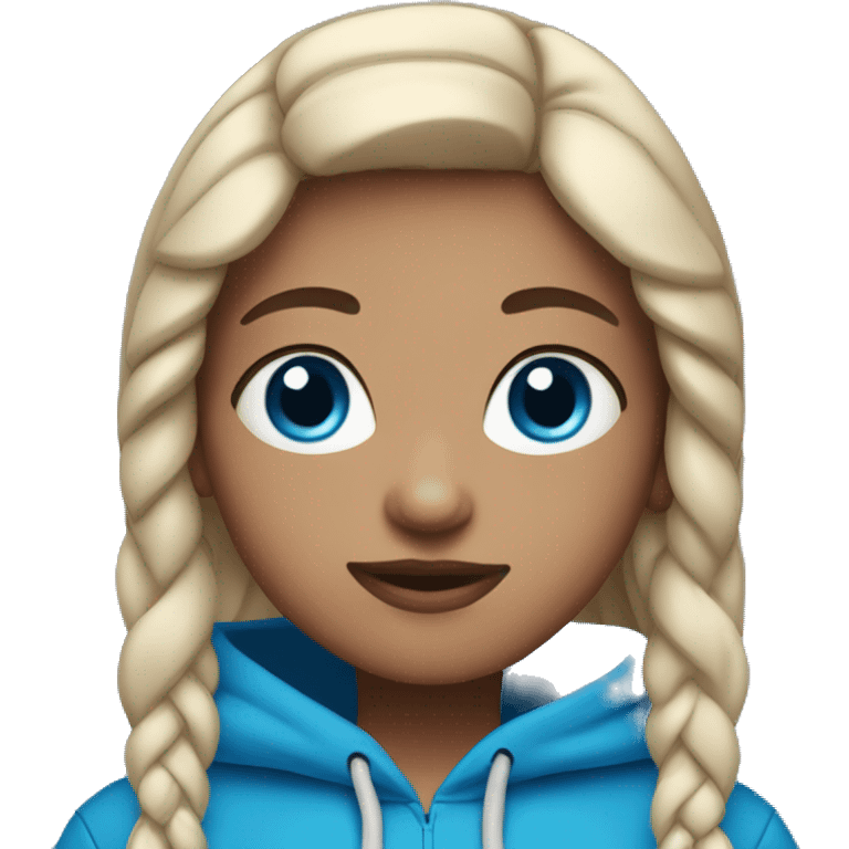 Girl with blue eyes, brow hair, wearing a blue hoodie with black leggings emoji