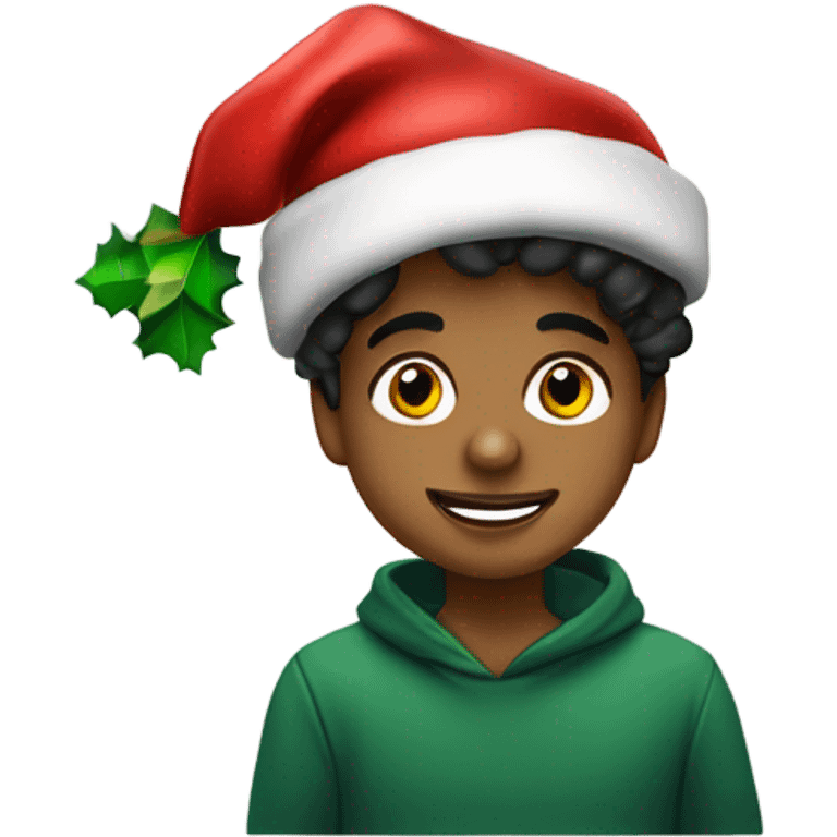 Niño moreno no tanto con pelo negro ondulado con gorro de navidad decorando un árbol emoji