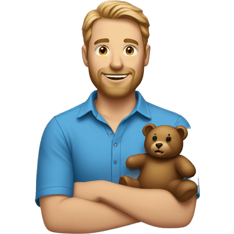 blue shirt portrait of man holding bear emoji