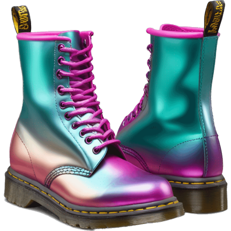 Hyper Realistic isolated side view of a pair of metallic teal and metallic magenta and metallic light pink ombre Dr.Martens Boots emoji