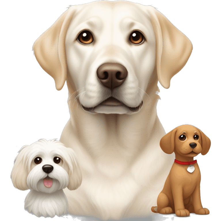 White Labrador next to a red goldendoodle, next to a gray and white puggle, next to a white havanese  emoji