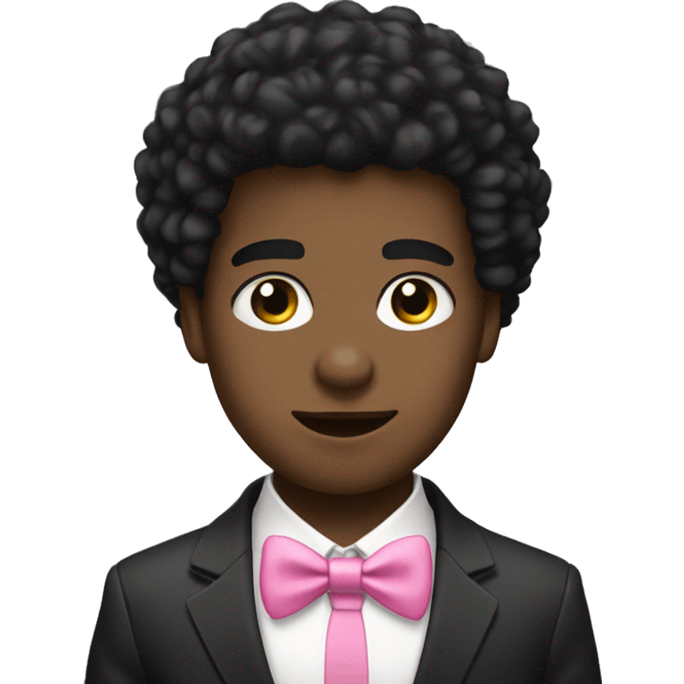 A black twink with an afro mullet in a suit, cute face, a pink bow tie emoji