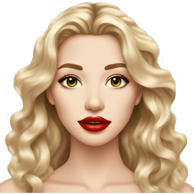 beautiful woman, hazel green eyes, blonde long wavy hair, white skin, big lips, red lipstick, great makeup emoji