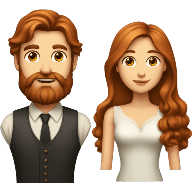 Tall white man with long brown hair and long beard and beard an woman with long reddish hair emoji