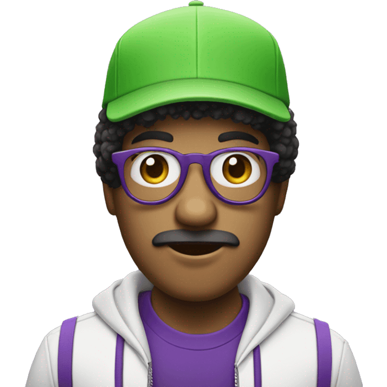 personaje blanco con gorra morada y lentes verdes y pelo afro emoji