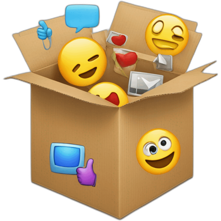 Video icons, camera, logos, likes, thumbs up, marks, views, coverage, applause fly out of a Cardboard box emoji