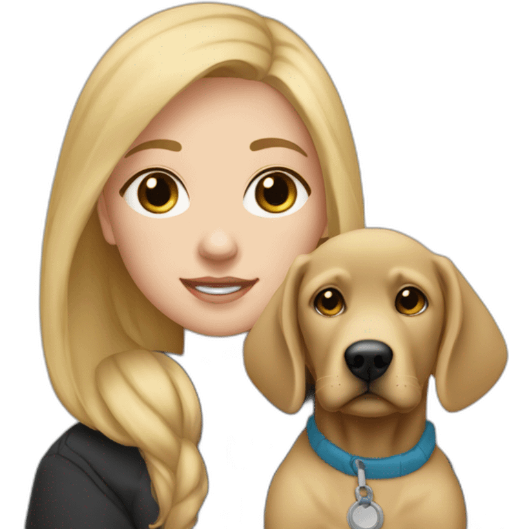 A blonde girl  with blues eyes, with smooth hair and a ray,she has light skin a few freckles, and she wear a hoodies and she Carries in his arms a black baby labrador dog  emoji