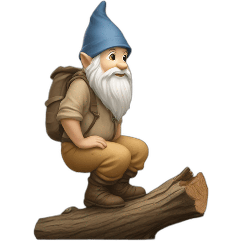 side view of gnome with light tan pants squatting above tiny brown log emoji