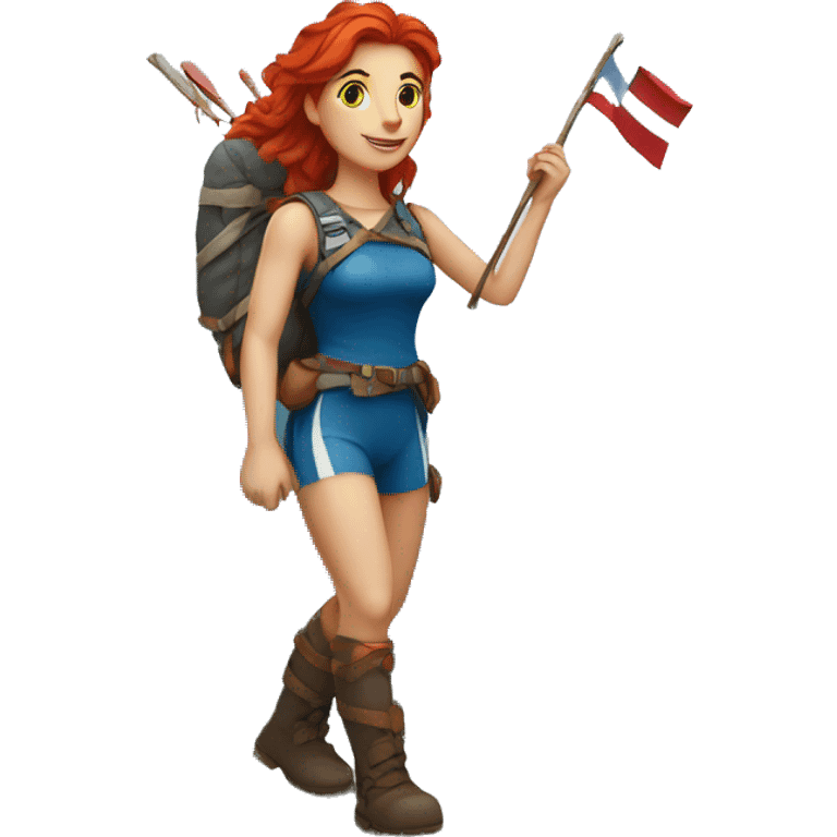 Female mountaineer red hair climbing with the real Greek flag and holding Easter eggs basket emoji