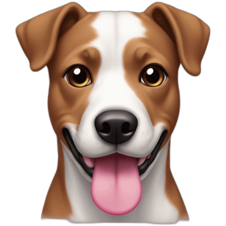 Dog, pit mix, black face with pink nose spots, brown eyes, white spot on top of snout, pink tongue, white chest emoji