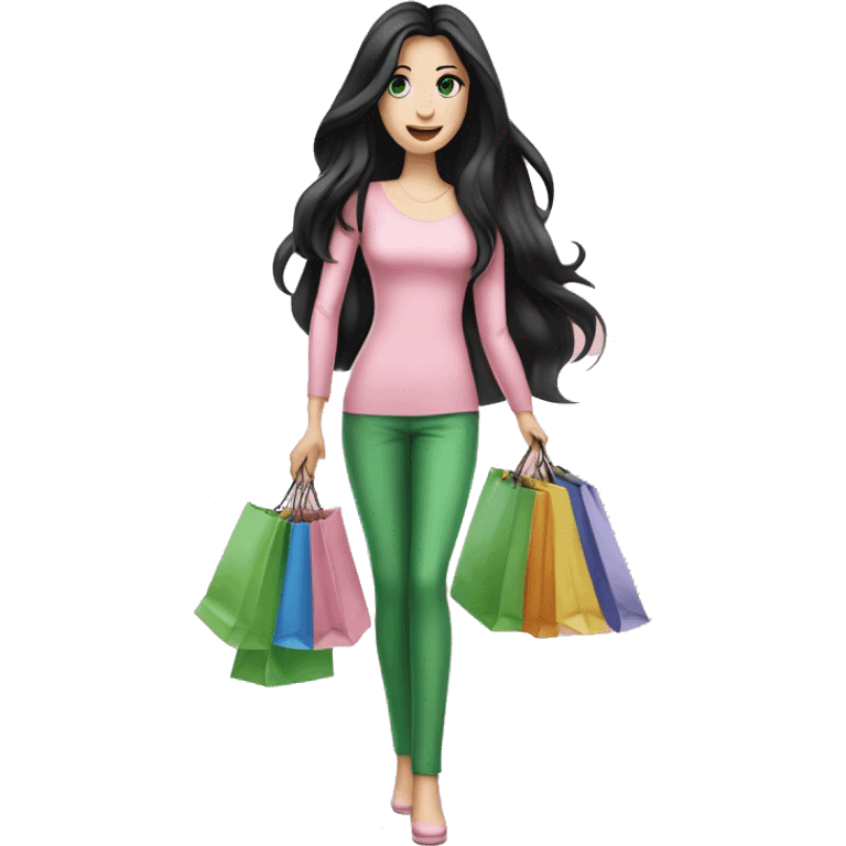 pretty white woman with very long black hair and green eyes and light pink outfit holding a ton of shopping bags emoji