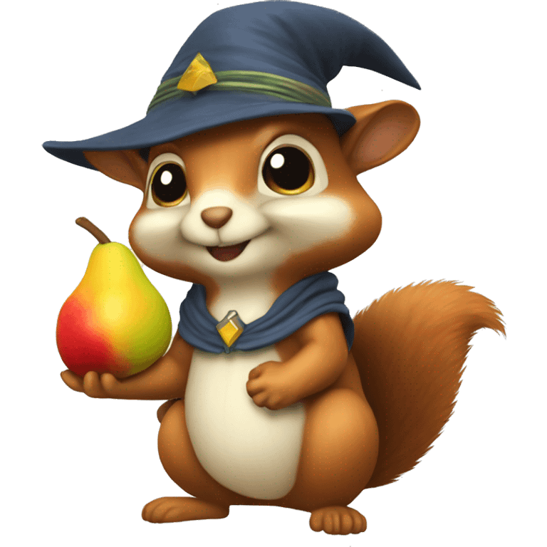 squirrel with a wizard hat an a mango in his hands emoji